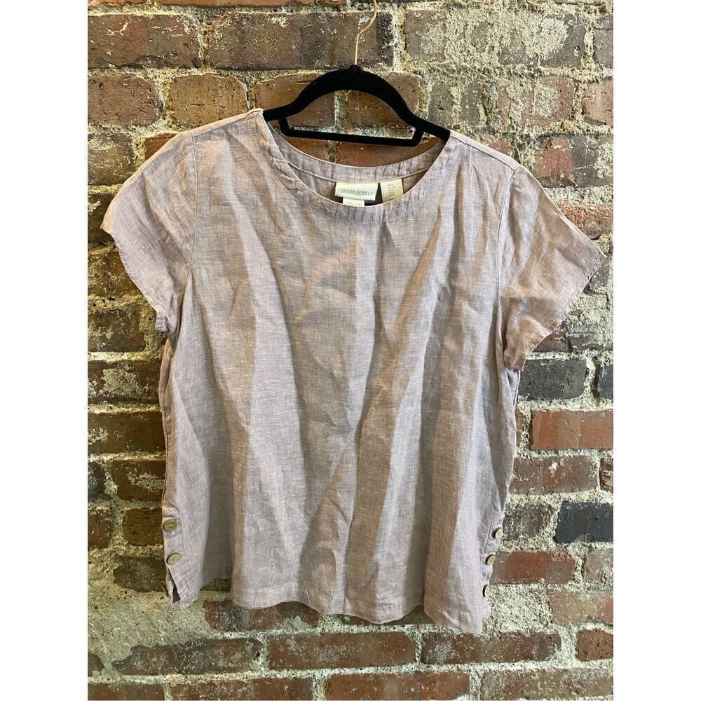 Cynthia Rowley 100% Linen Blush Dusty Pink Purple Drop Shoulder Short Sleeve Blo